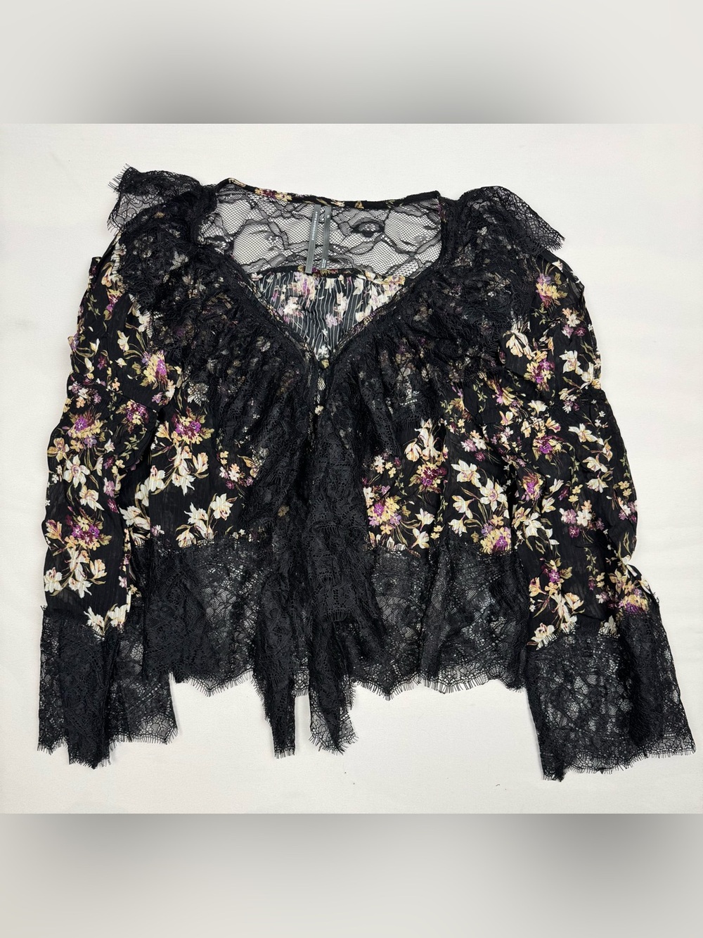 By Anthropologie Sheer Ruffled Lace Blouse Black Rose Floral Print Women’s XS
